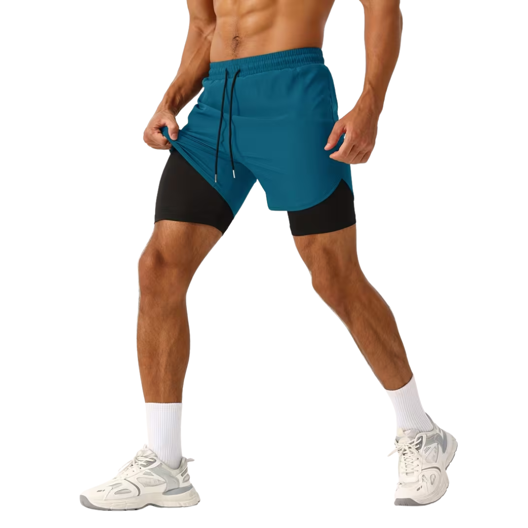 Herre 2-i-1 sportshorts – hurtigttørrende & baglomme med lynlås