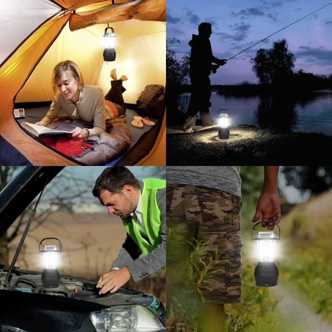 Bærbar Campinglampe – LED – Solenergi & Håndsving