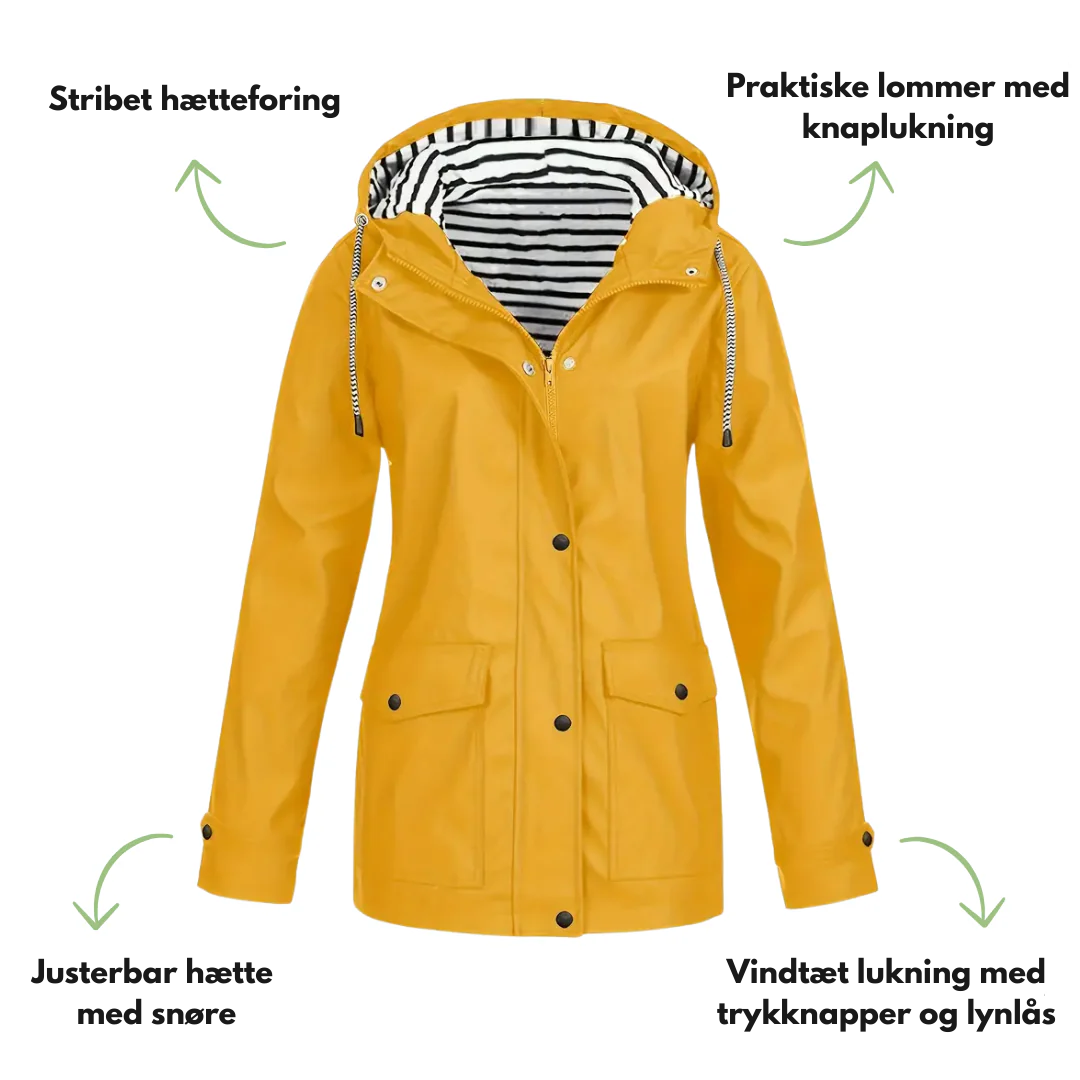 Dame vindtæt & vandtæt jakke – med hætte & klaplommer – efterår/vinter