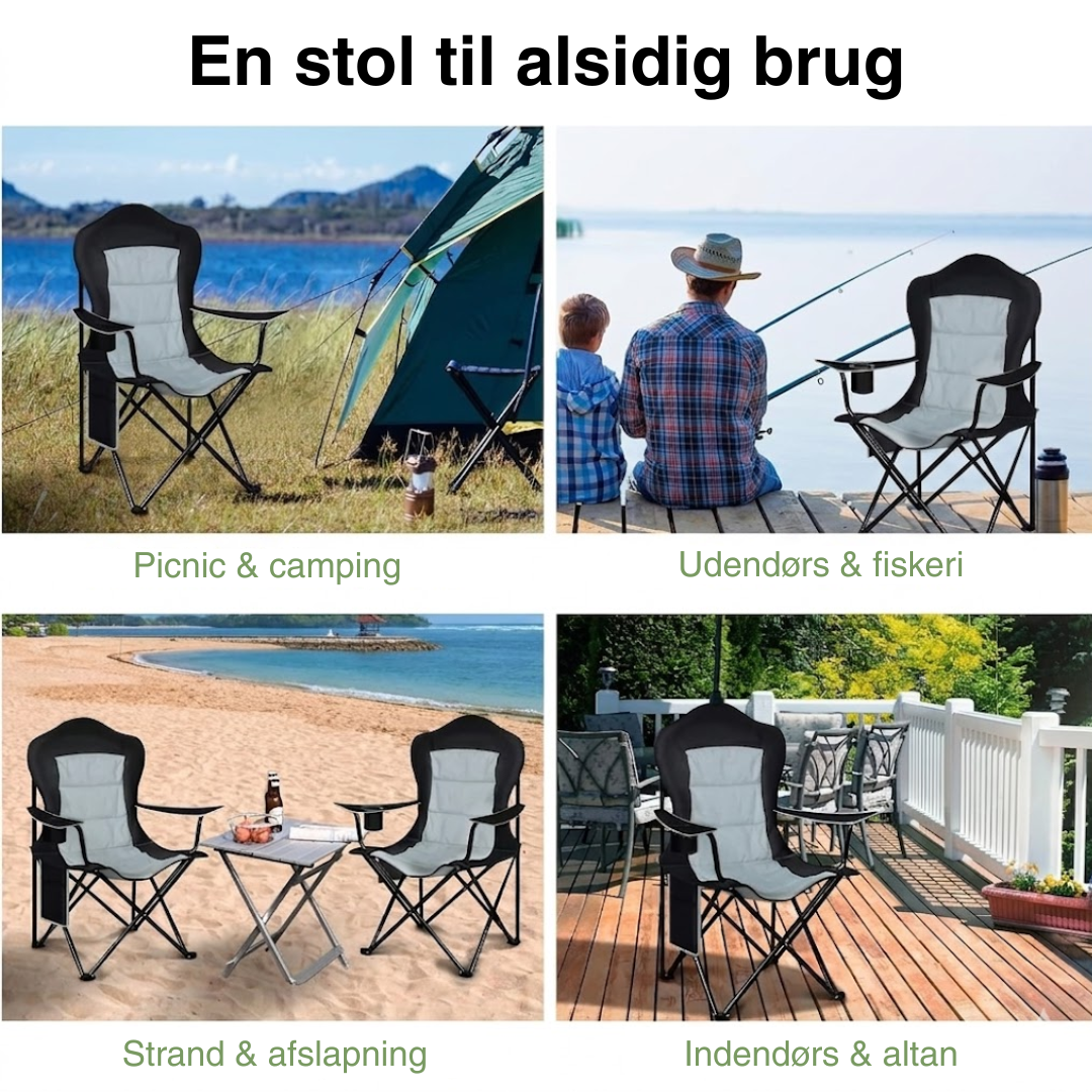 Sammenklappelig campingstol 150 kg – polstret høj ryg – kopholder