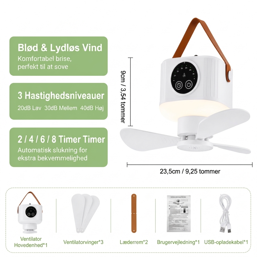 Campingventilator med LED-Lampe – USB-Genopladelig, Fjernbetjening & 8-Timers Timer