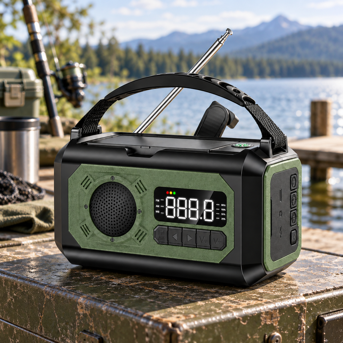 Nødradio med solpanel på en kasse ved søen