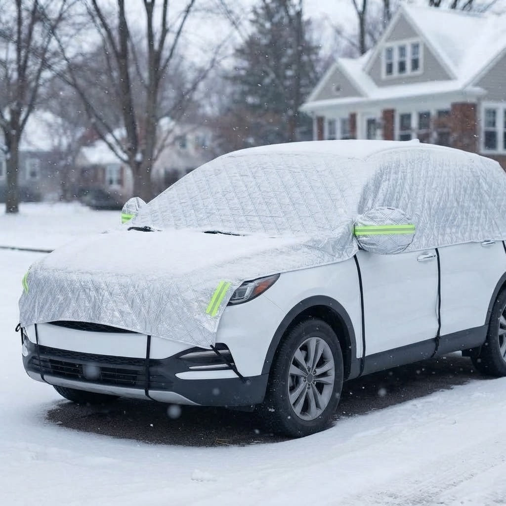 Bilovertræk SUV vinter i sølv på hvid SUV i sneen