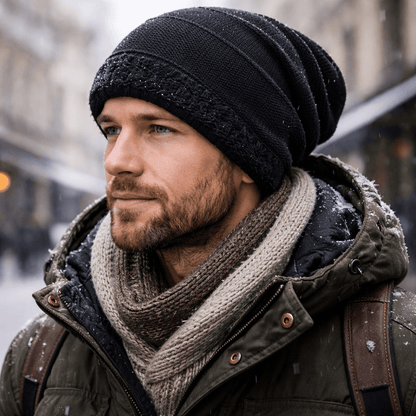 Beanie hue med fleecefor i sort, båret i sne i byen