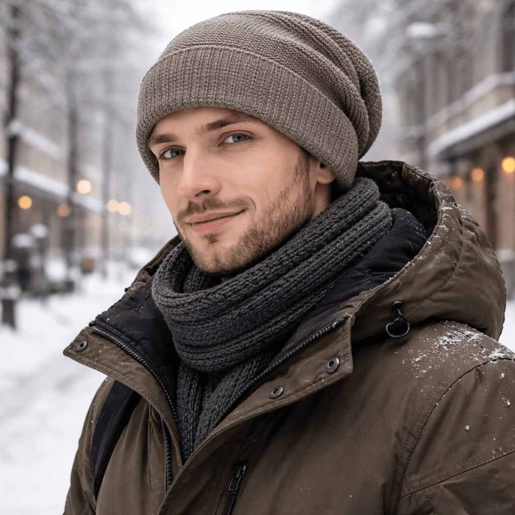 Beanie hue i taupe, båret med halstørklæde en snedækket vinterdag