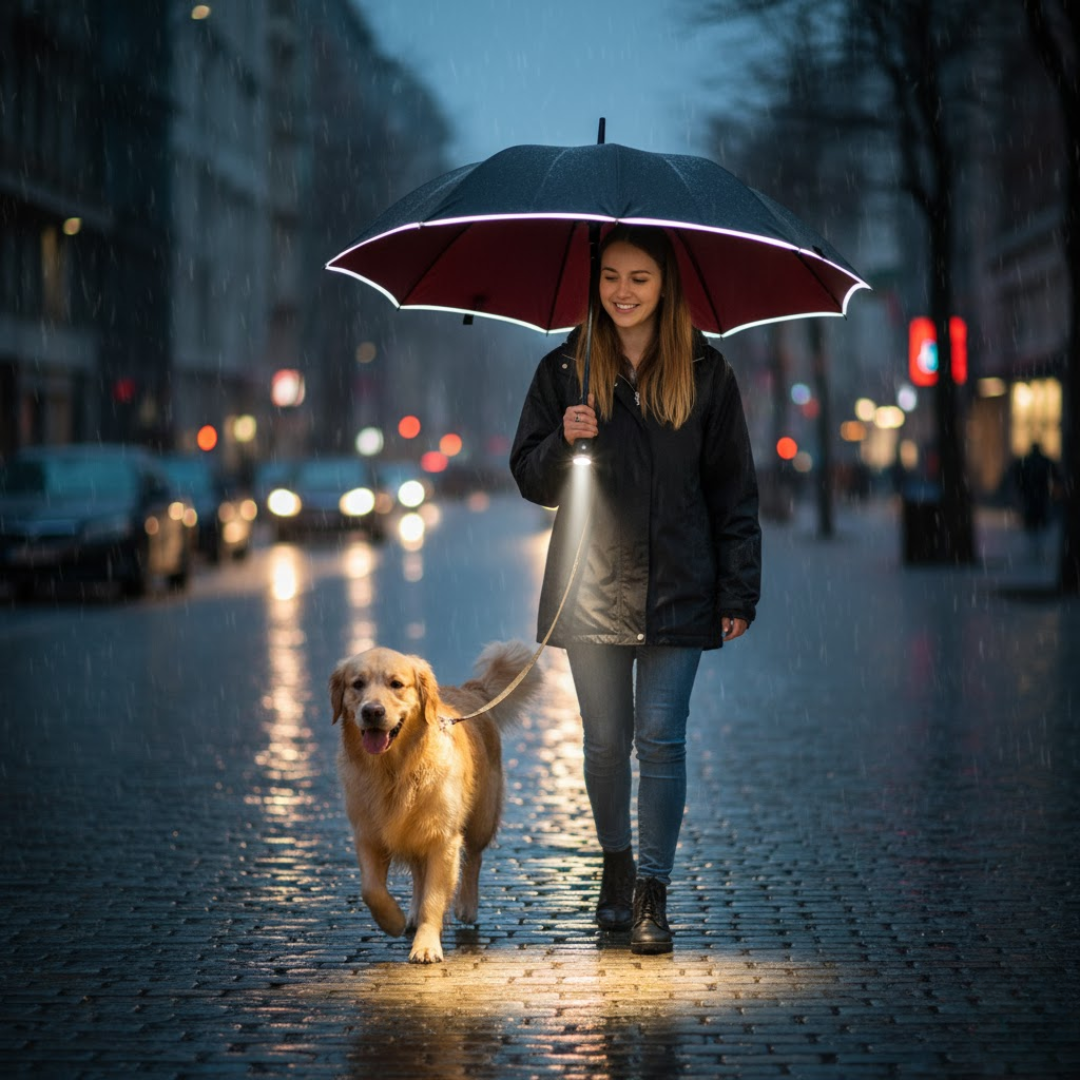 Kvinde med hund under paraplyen med LED-lys på en våd gade om aftenen