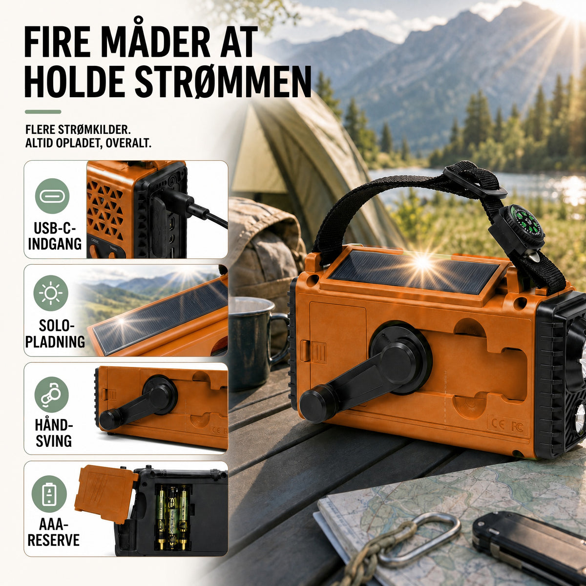 Nødradio med Håndsving & Solcelle – Kraftig 8.000 mAh Powerbank – Lommelygte & SOS