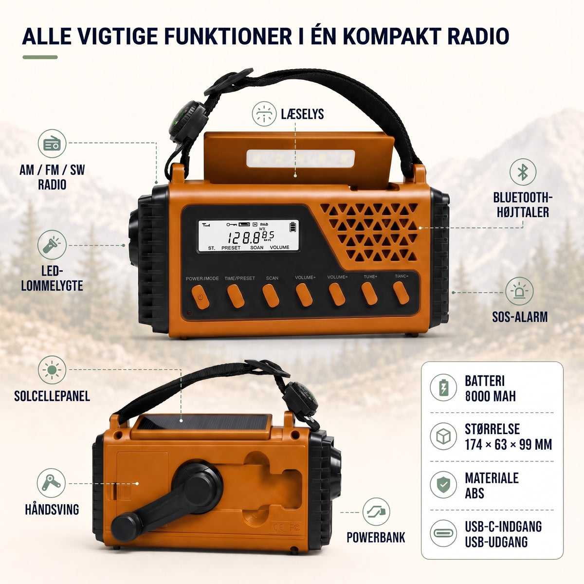 Nødradio med Håndsving & Solcelle – Kraftig 8.000 mAh Powerbank – Lommelygte & SOS