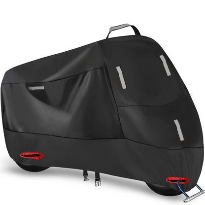 Sort motorcykel cover med reflekterende striber, håndtag og låsehuller