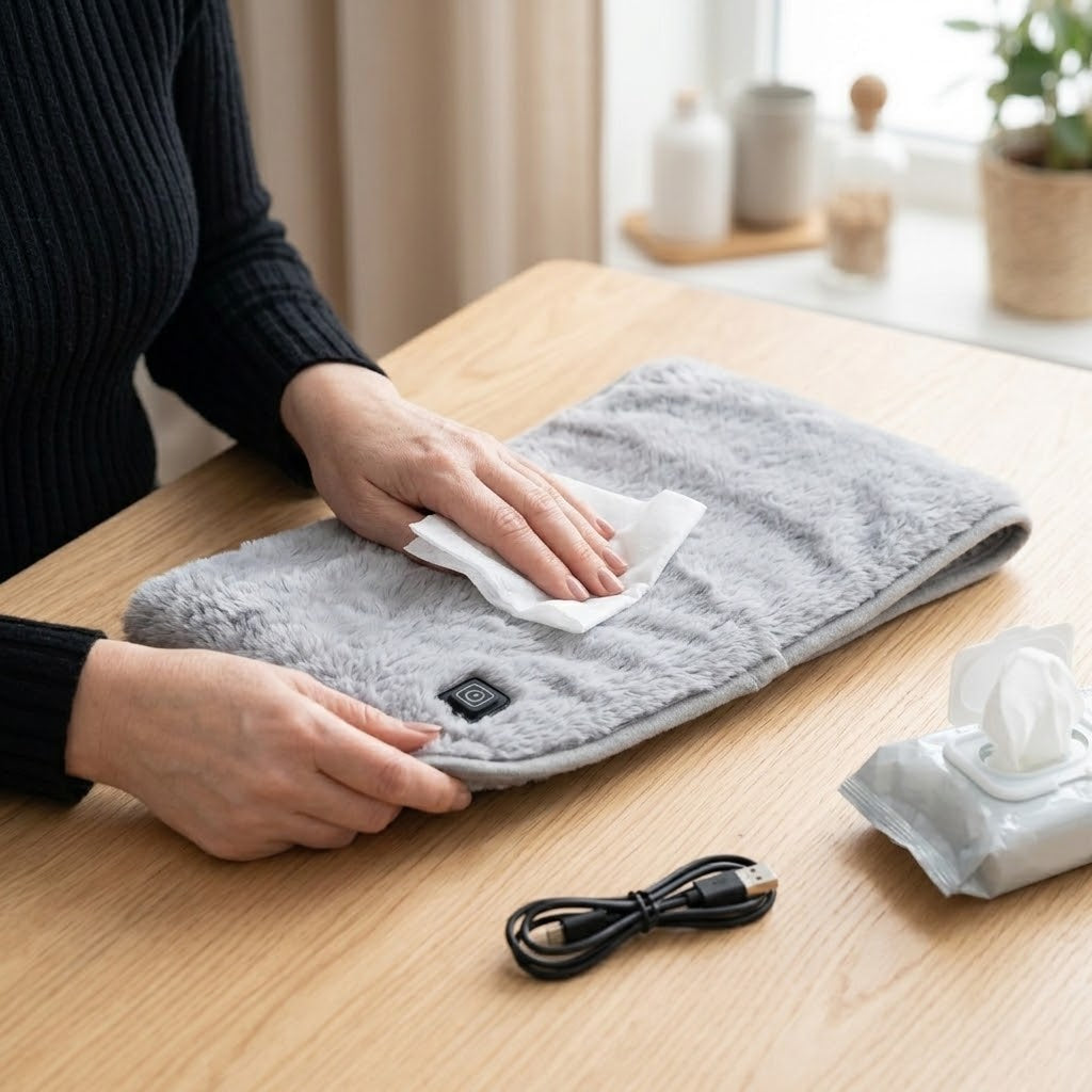 Rengøring af varmebæltet – tør af med en fugtig klud, USB-kabel ved siden af