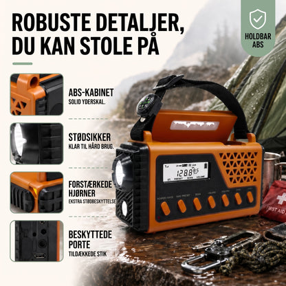 Nødradio med Håndsving & Solcelle – Kraftig 8.000 mAh Powerbank – Lommelygte & SOS