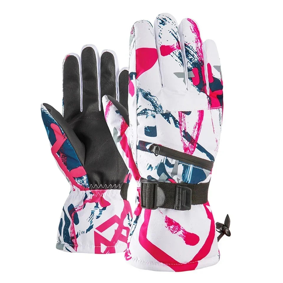Skihandsker hvid-magenta – par set forfra og bagfra