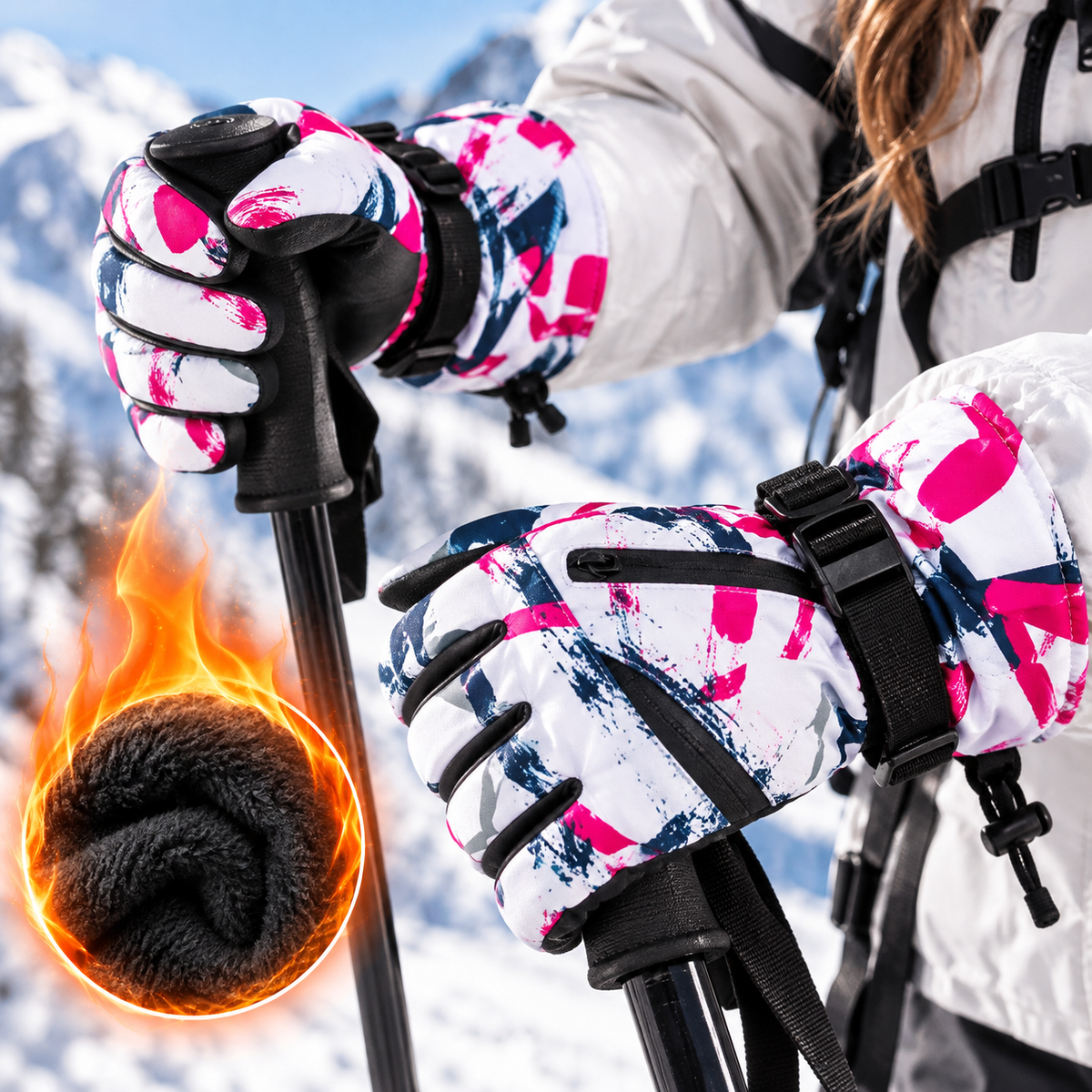 Skihandsker hvid-magenta på skistaven, foer i detaljen