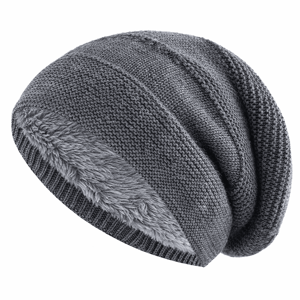 Beanie hue med fleecefor i grå med ribstrikket kant