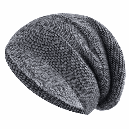 Beanie hue med fleecefor i grå med ribstrikket kant
