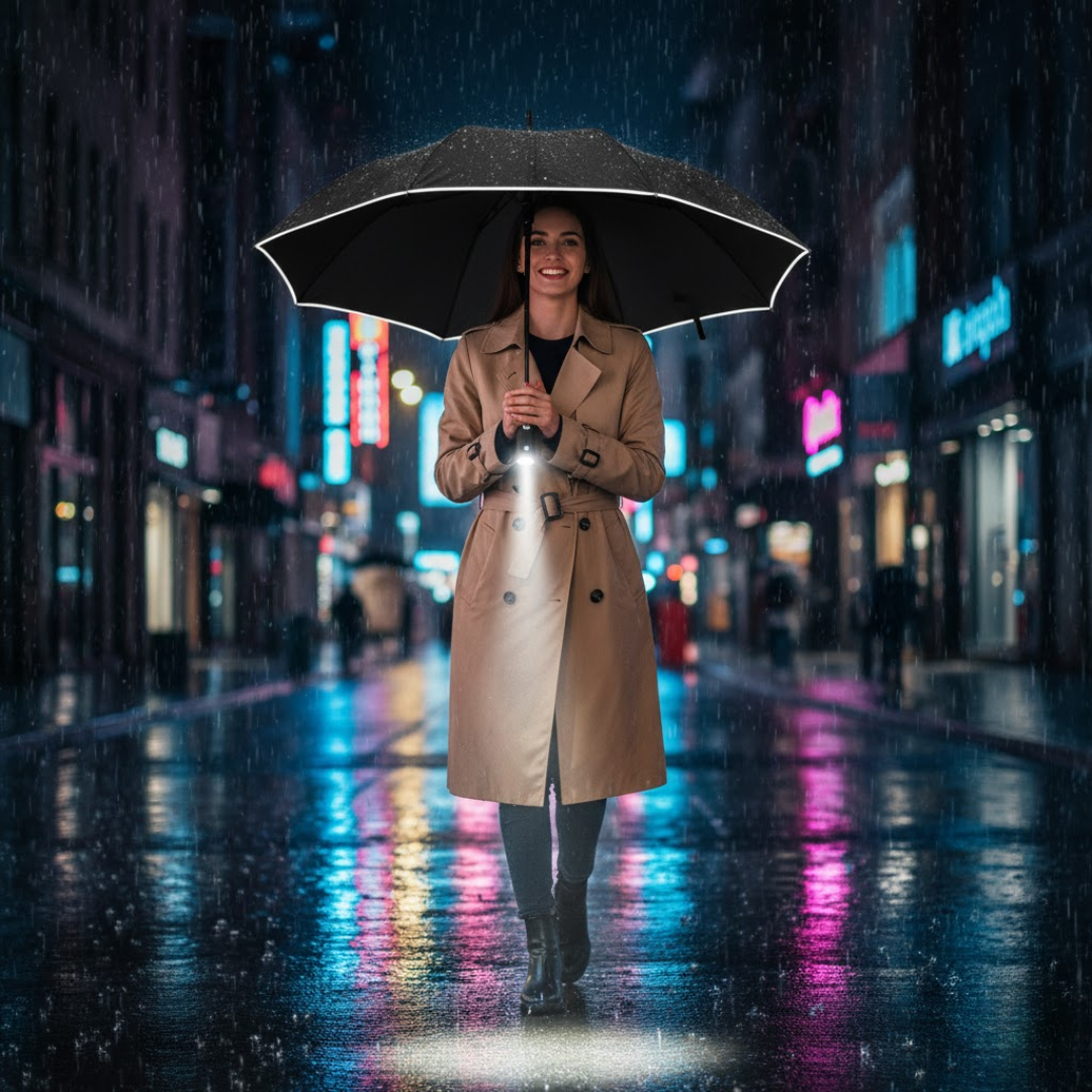 Kvinde i trenchcoat med sort automatisk paraply i byen om natten