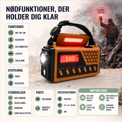 Nødradio med Håndsving & Solcelle – Kraftig 8.000 mAh Powerbank – Lommelygte & SOS