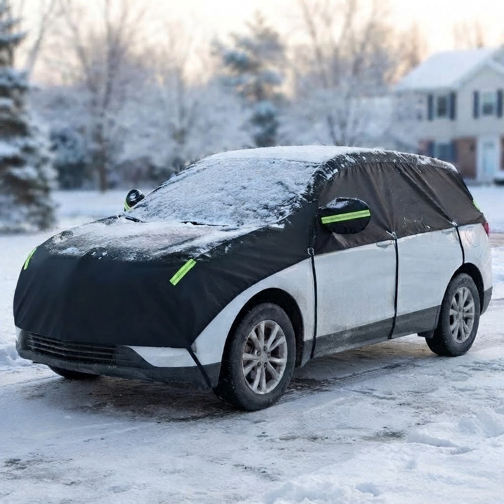 Bilovertræk SUV vinter i sort på hvid SUV i sneen