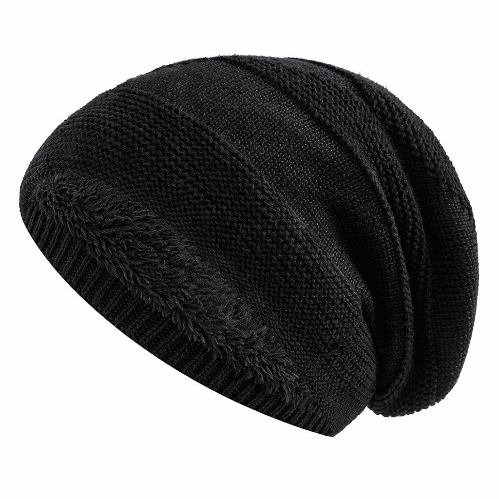 Beanie hue med fleecefor i sort på hvid baggrund
