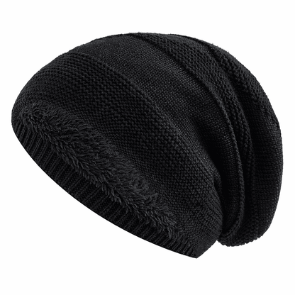 Beanie hue med fleecefor i sort på hvid baggrund