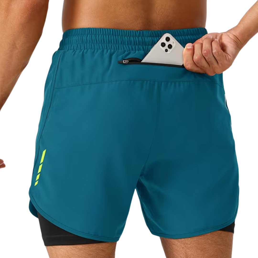 Herre 2-i-1 sportshorts – hurtigttørrende & baglomme med lynlås
