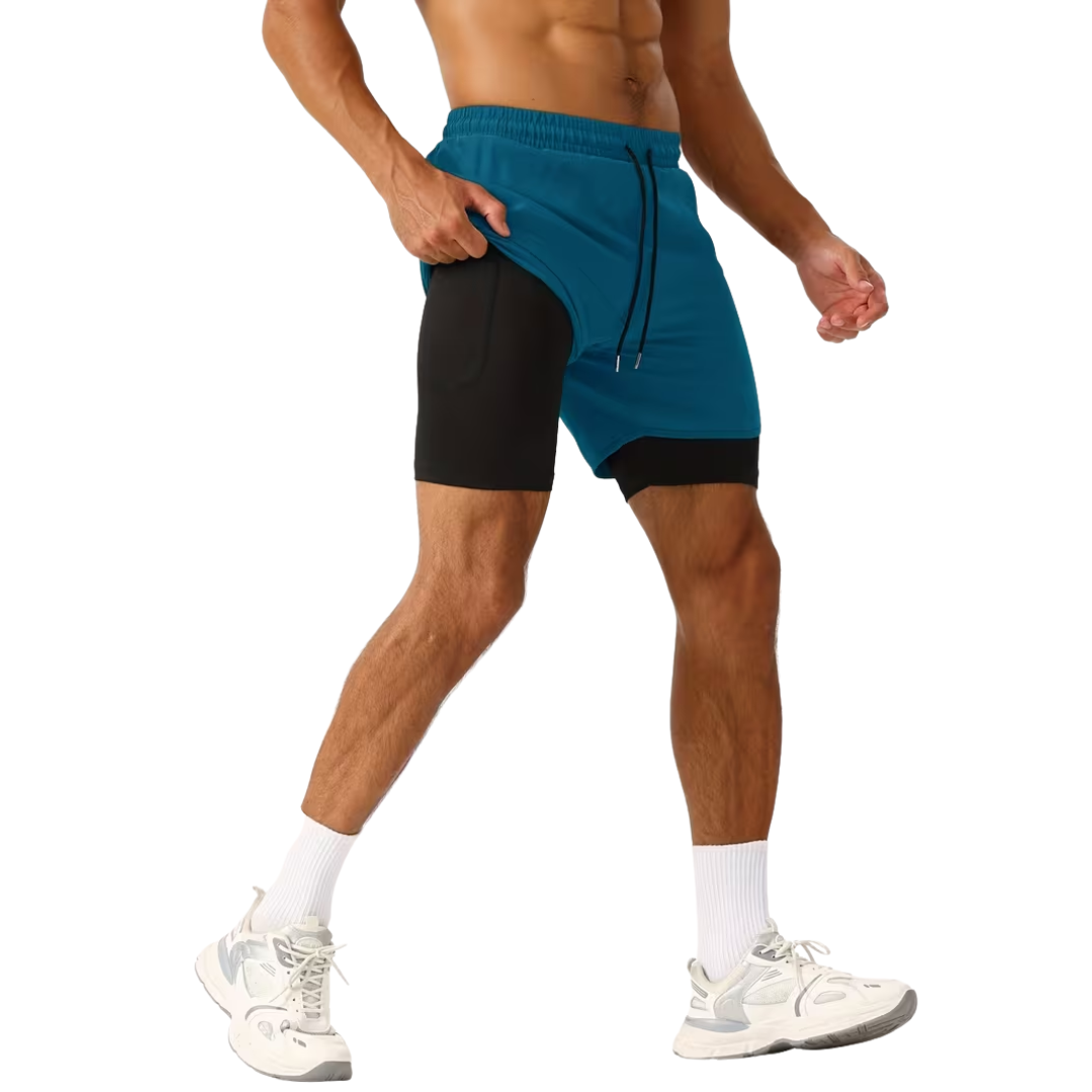 Herre 2-i-1 sportshorts – hurtigttørrende & baglomme med lynlås