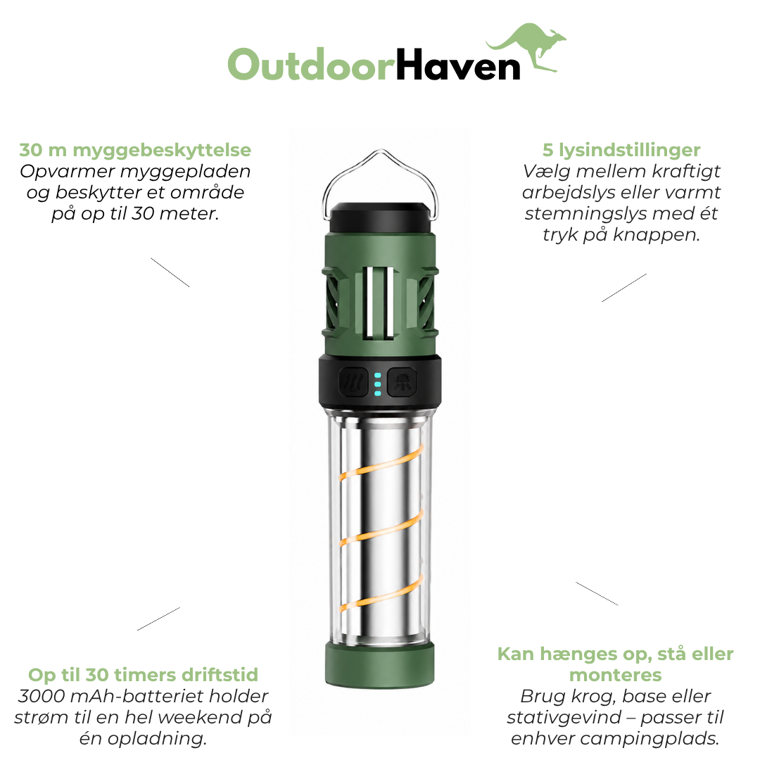 Campinglampe med Myggeafvisning – 5 Lysindstillinger – USB-Genopladelig med Stativ