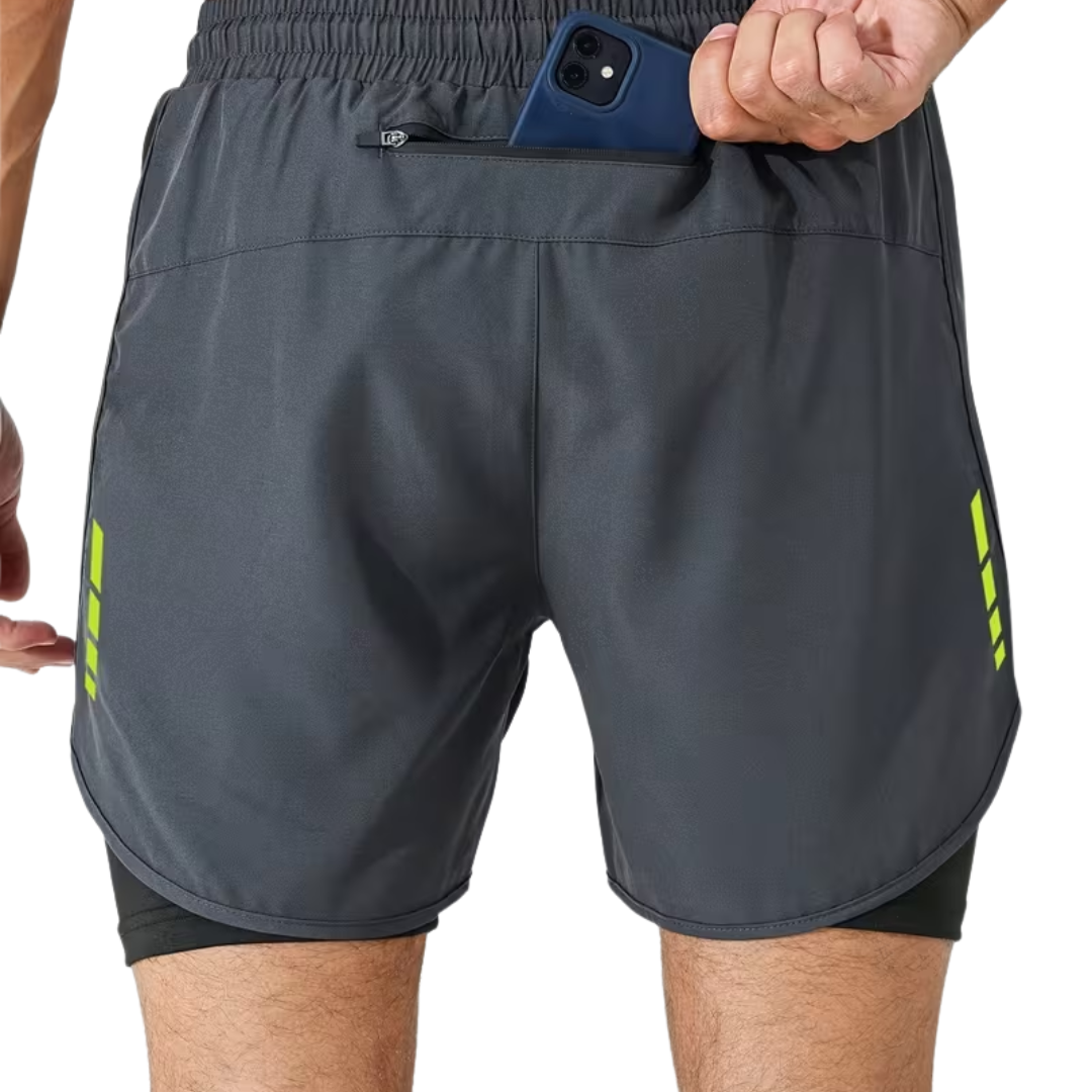 Herre 2-i-1 sportshorts – hurtigttørrende & baglomme med lynlås