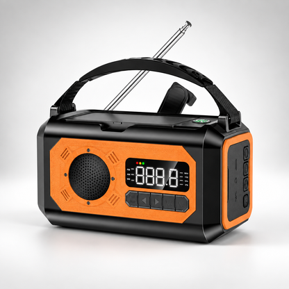 Nødradio i orange – produktfoto på lys baggrund