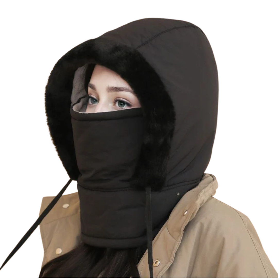 Balaclava hue i sort med sort plyskant og ansigtsbeskyttelsen trukket op