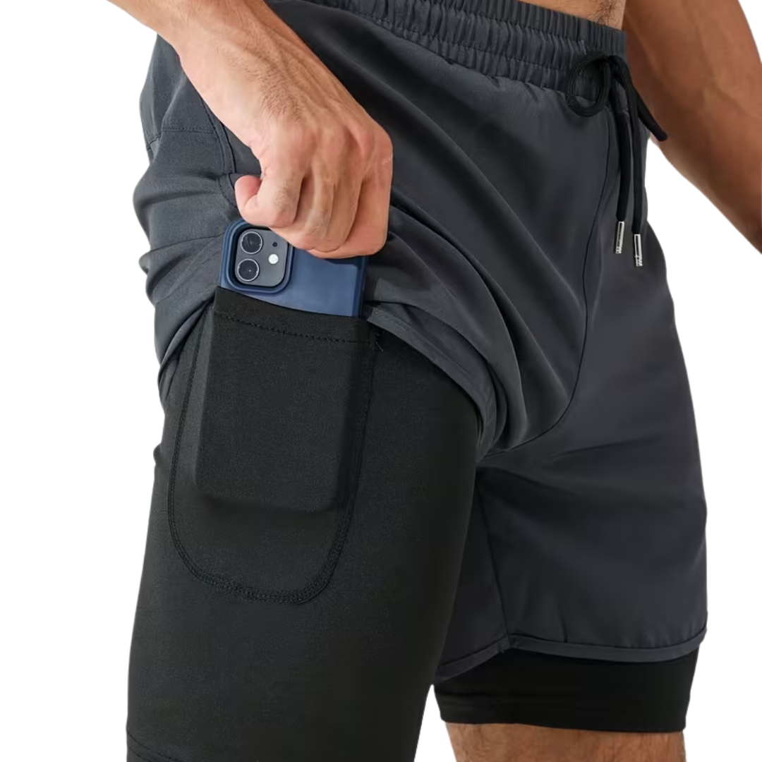 Herre 2-i-1 sportshorts – hurtigttørrende & baglomme med lynlås