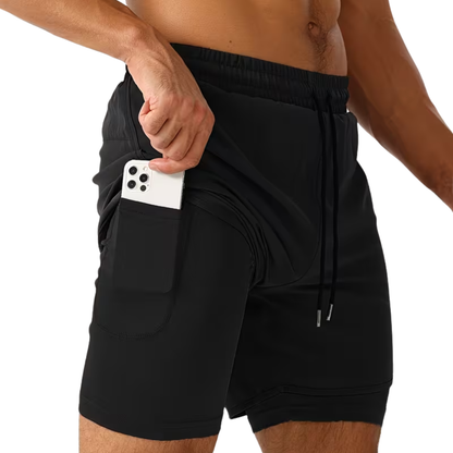 Herre 2-i-1 sportshorts – hurtigttørrende & baglomme med lynlås