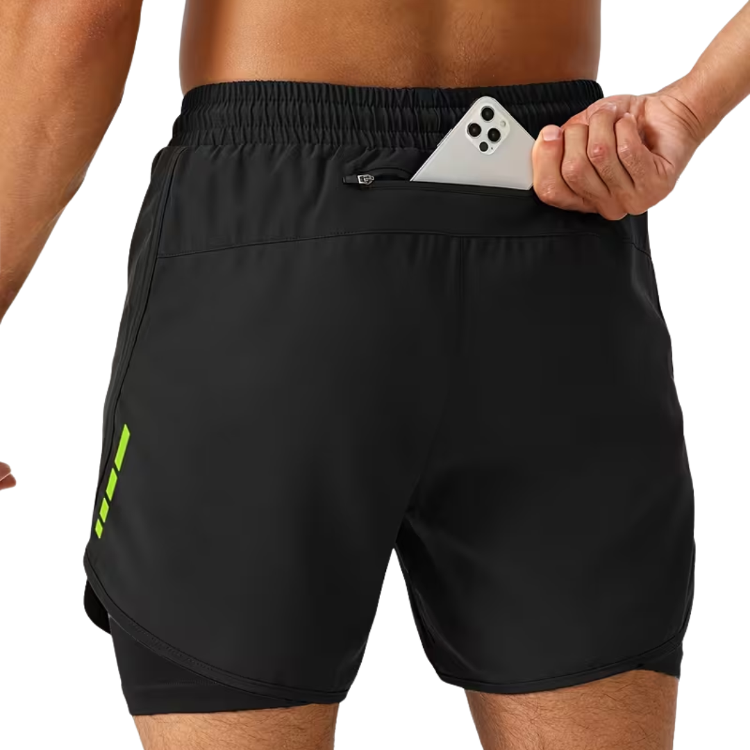 Herre 2-i-1 sportshorts – hurtigttørrende & baglomme med lynlås