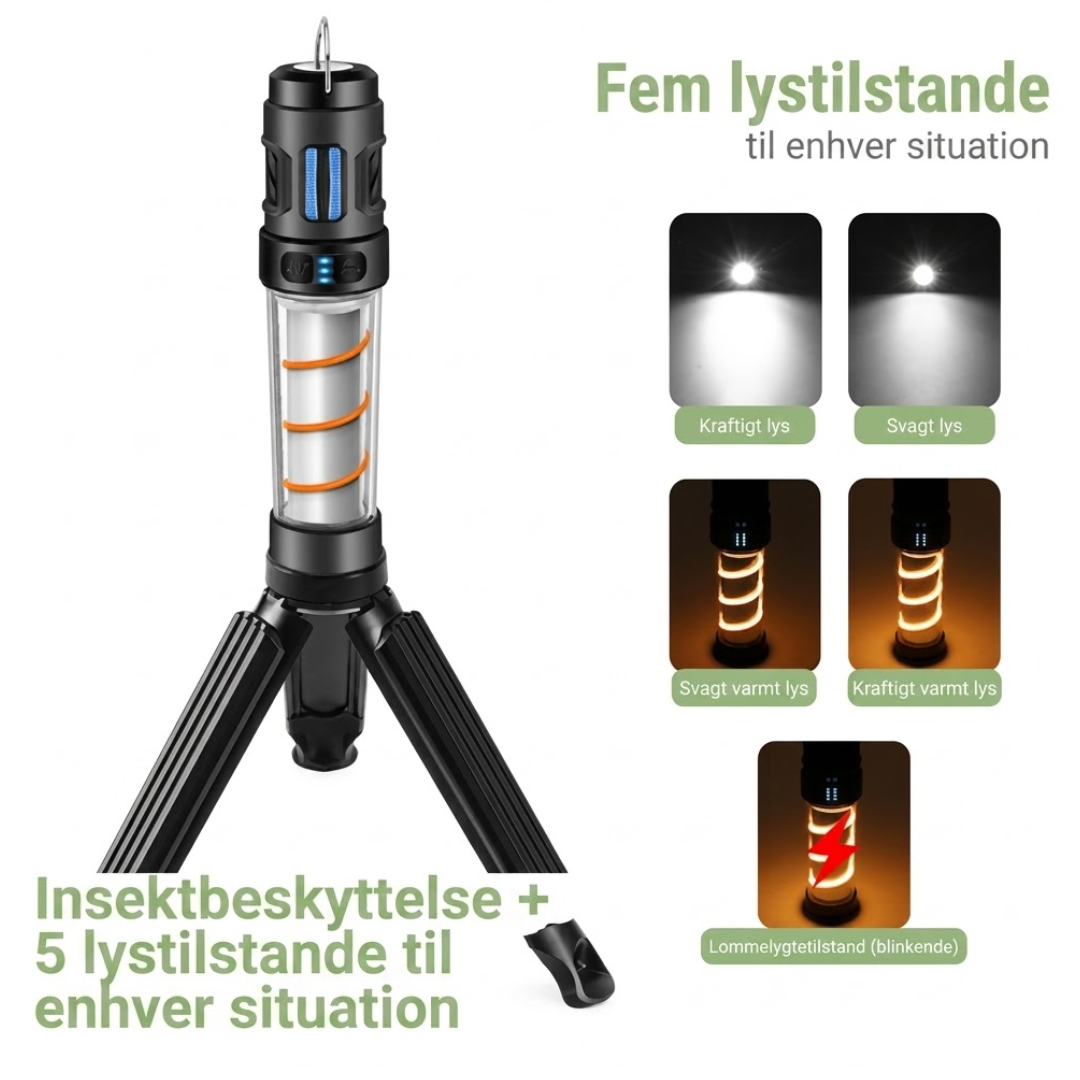Campinglampe med Myggeafvisning – 5 Lysindstillinger – USB-Genopladelig med Stativ