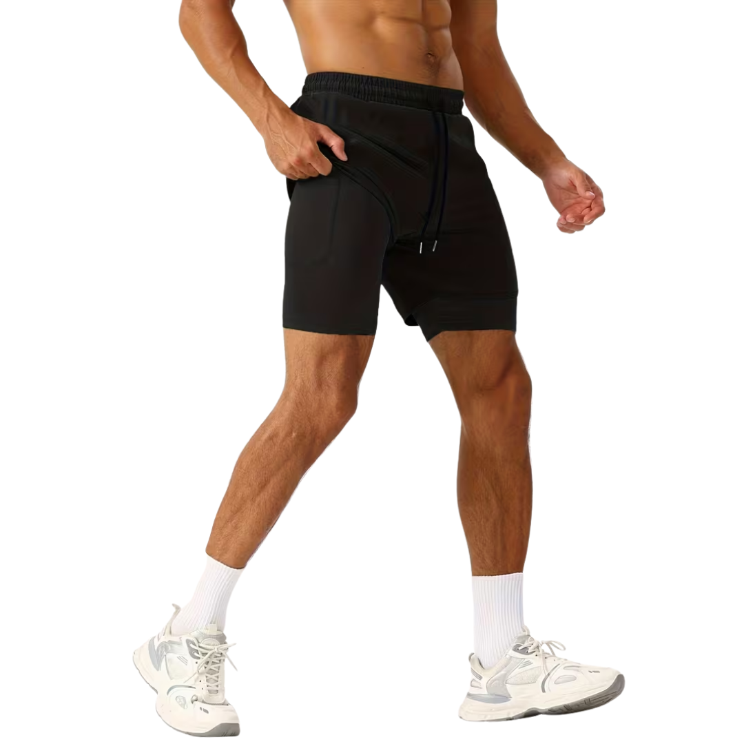 Herre 2-i-1 sportshorts – hurtigttørrende & baglomme med lynlås