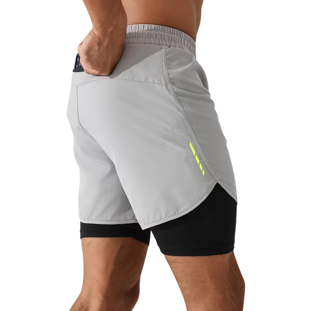 Herre 2-i-1 sportshorts – hurtigttørrende & baglomme med lynlås