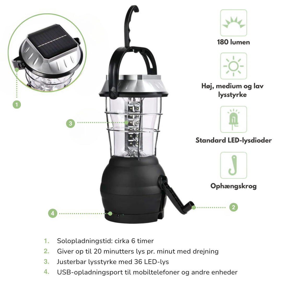 Bærbar Campinglampe – LED – Solenergi & Håndsving