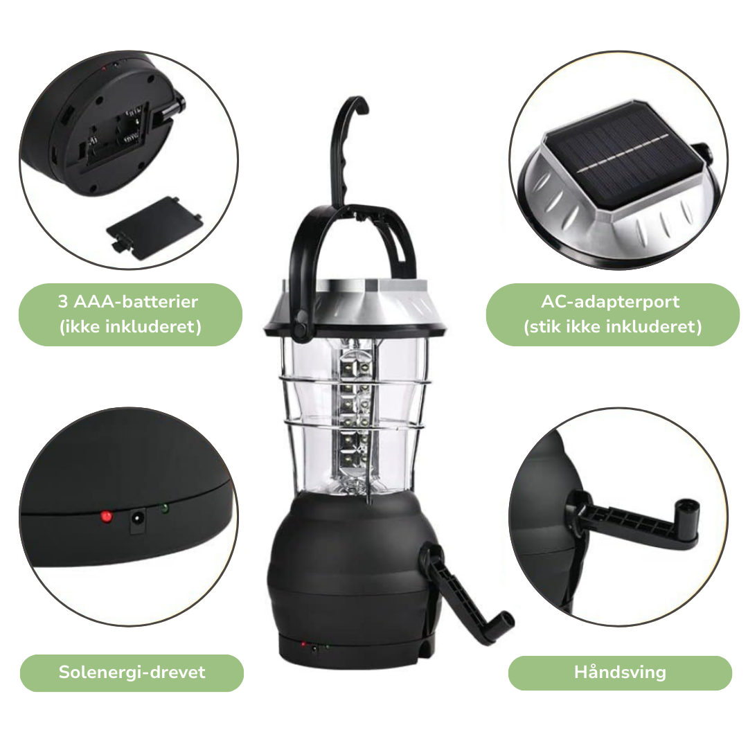 Bærbar Campinglampe – LED – Solenergi & Håndsving