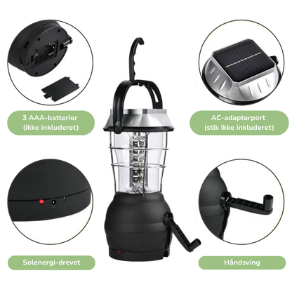 Bærbar Campinglampe – LED – Solenergi & Håndsving