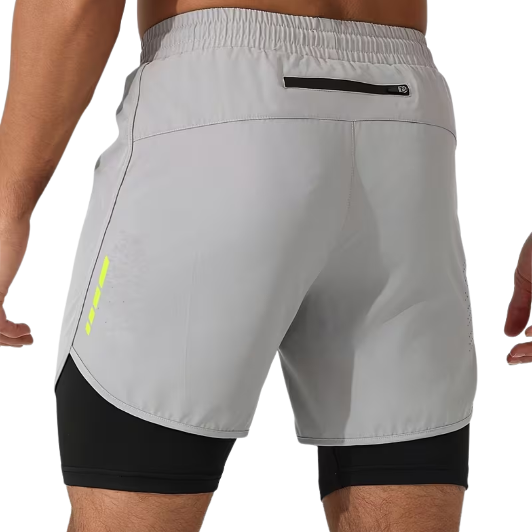 Herre 2-i-1 sportshorts – hurtigttørrende & baglomme med lynlås