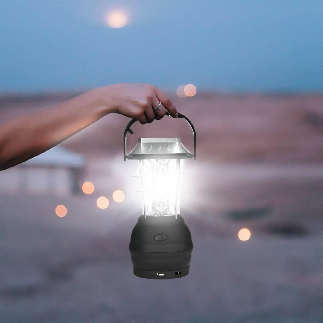 Bærbar Campinglampe – LED – Solenergi & Håndsving