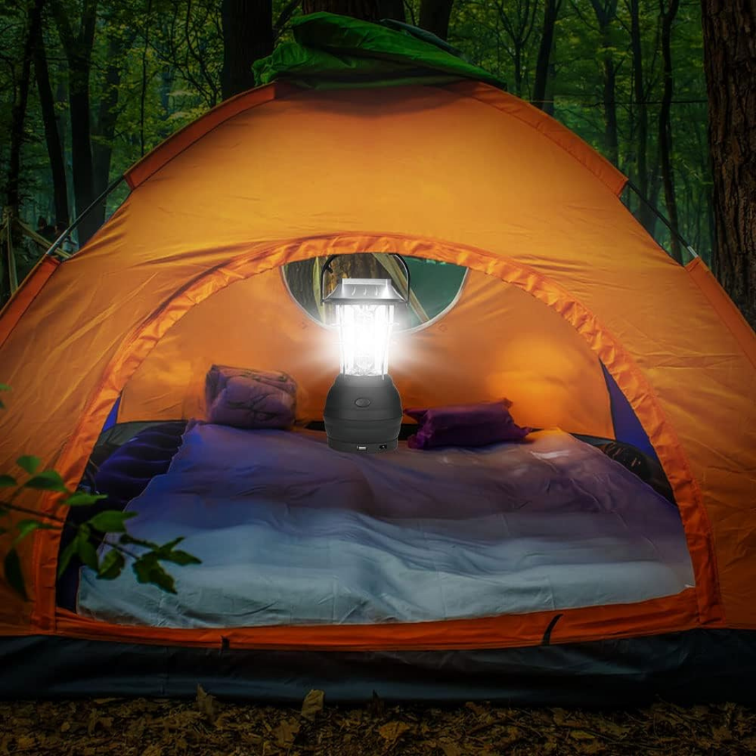 Bærbar Campinglampe – LED – Solenergi & Håndsving