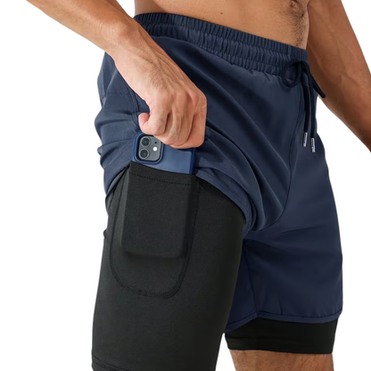 Herre 2-i-1 sportshorts – hurtigttørrende & baglomme med lynlås