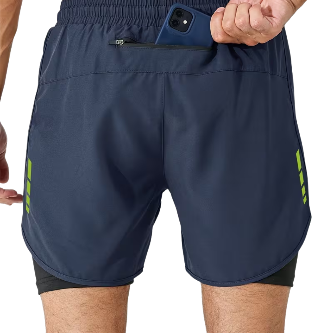 Herre 2-i-1 sportshorts – hurtigttørrende & baglomme med lynlås