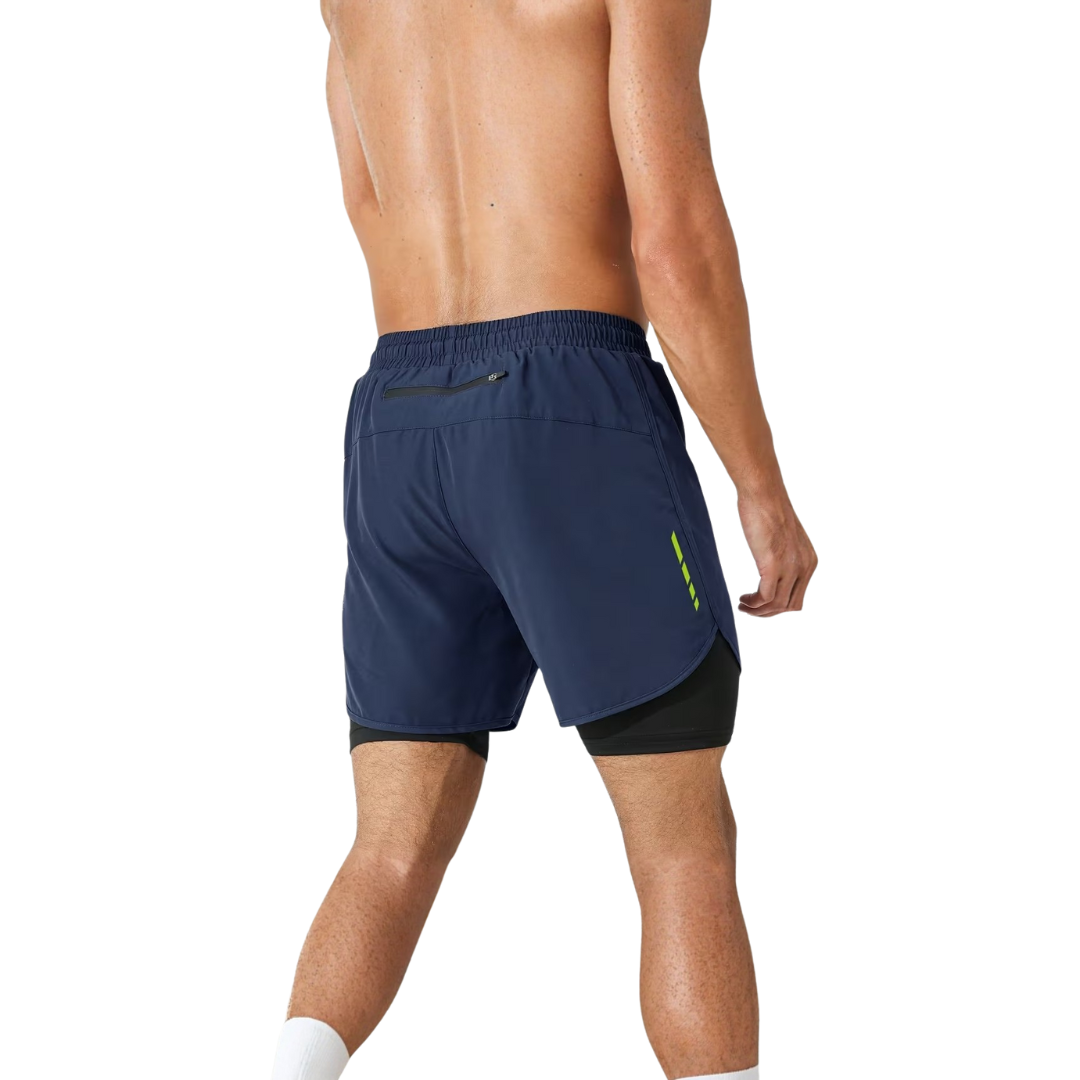 Herre 2-i-1 sportshorts – hurtigttørrende & baglomme med lynlås