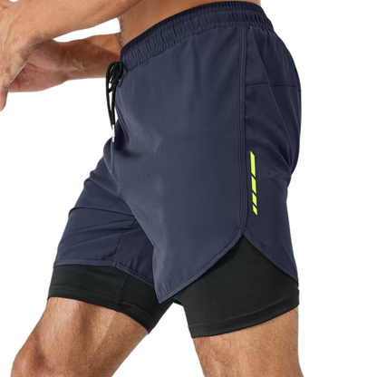 Herre 2-i-1 sportshorts – hurtigttørrende & baglomme med lynlås