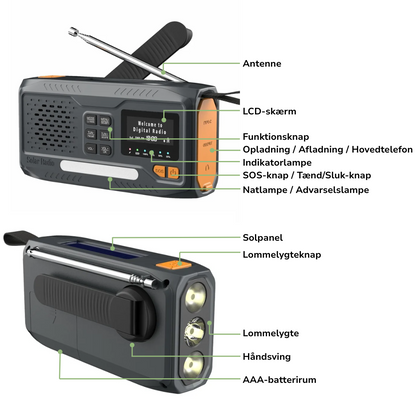 DAB/FM Nødradio 4500mAh – Solenergi & Håndsving