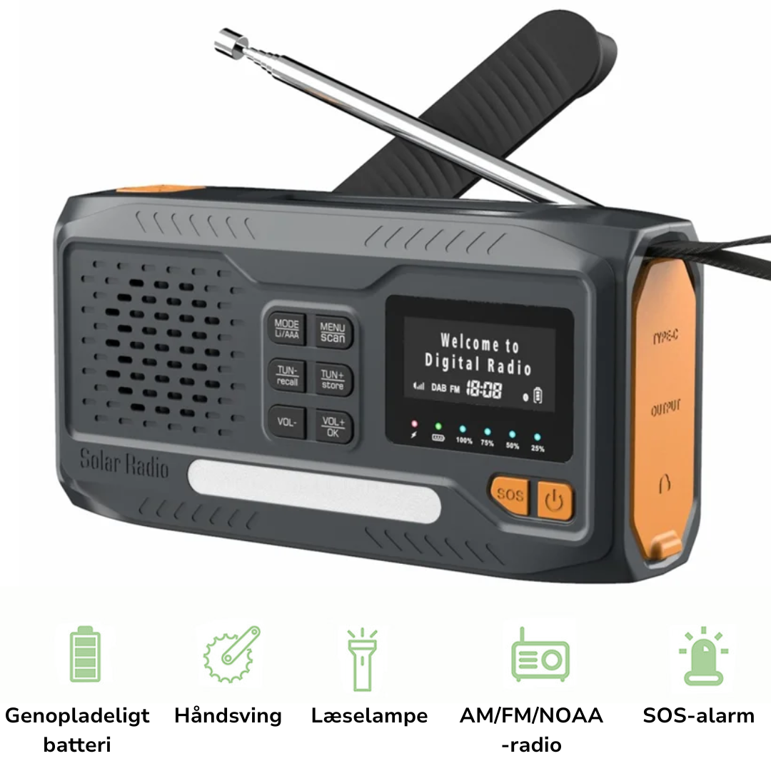 DAB/FM Nødradio 4500mAh – Solenergi & Håndsving