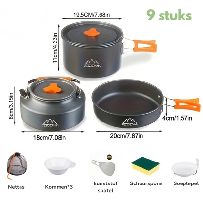 Camping Kogesæt – Komplet 9-delt Sæt – Gryde, Kedel & Stegepande
