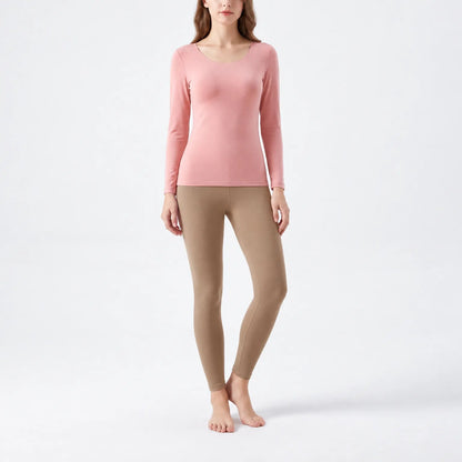Termoundertøj dame Lysebrun, leggings – på model på lys baggrund